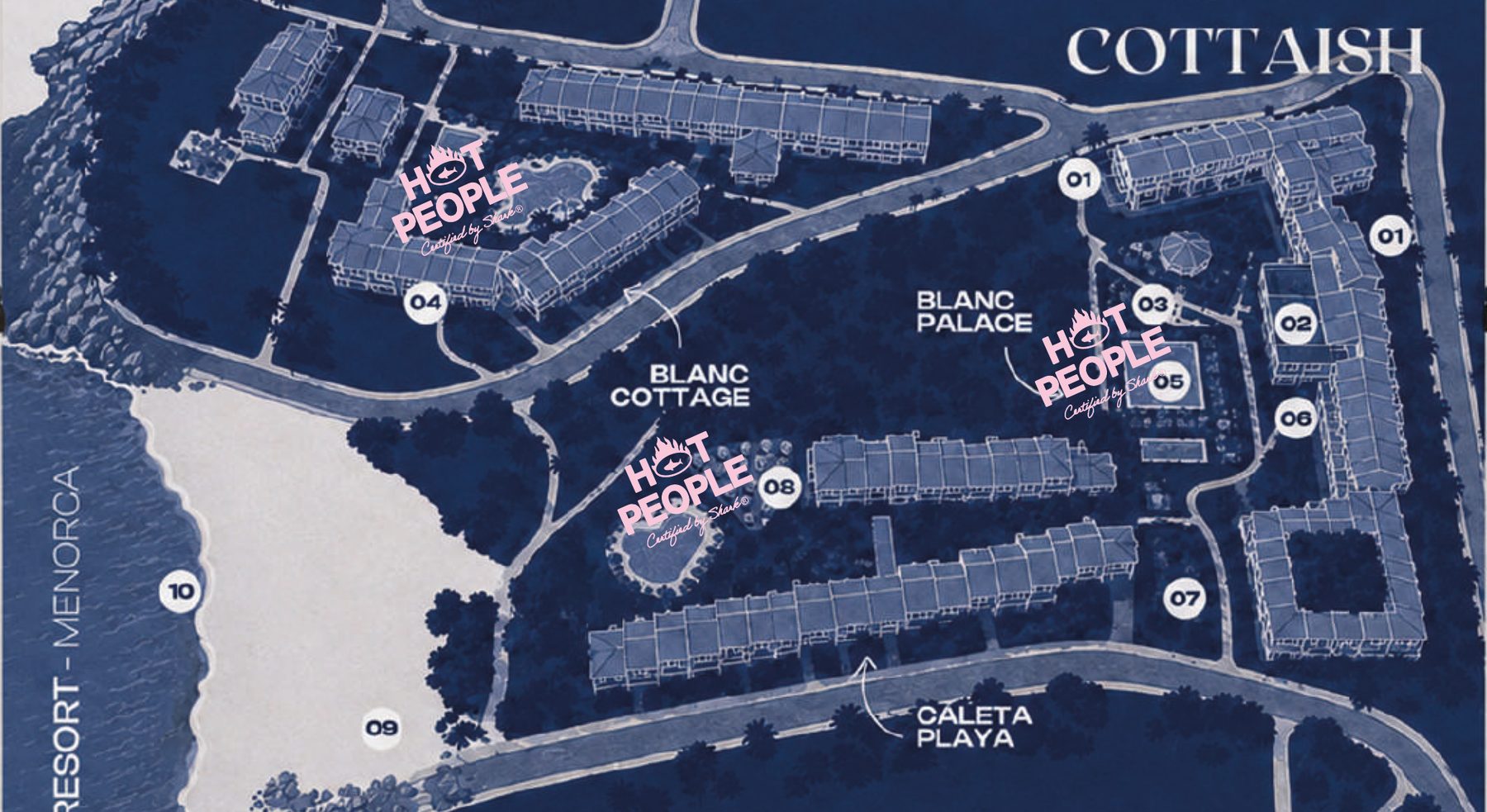 Mapa il·lustrat del resort amb els apartaments Blanc Cottage, Blanc Palace i Caleta Playa i la cala de Sa Caleta